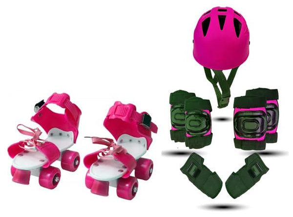 Kids Roller Skates Set with Helmet, Knee Pads, Elbow Pads and Wrist Guards (Pink)