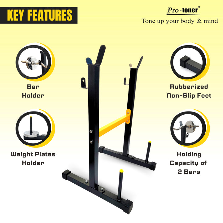 Protoner Rod and Weight Holder with Holding Capacity of 2 Bars Black, Yellow | Gym Equipment | Home Gym Equipment | Commercial Gym Machines | Strength Training Equipment | Protoners | [2025]