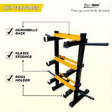 Protoner 3 in 1 Dumbbell Rack, Plate Stand and bar Holder (Black and Yellow)