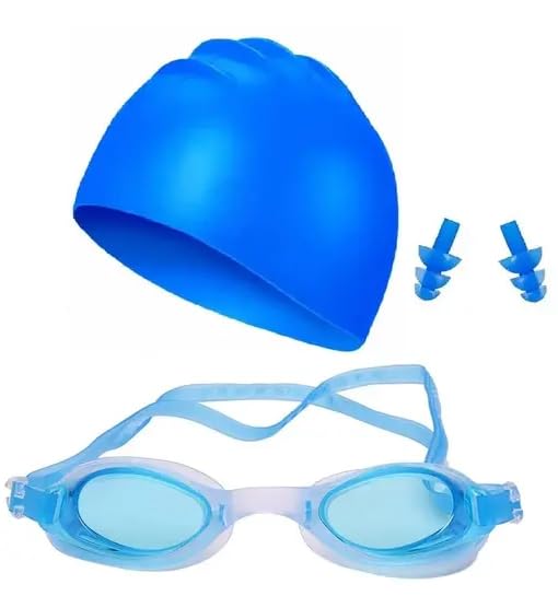 Protoner Swimming Set with Goggles, Cap and Ear Plugs (Blue)