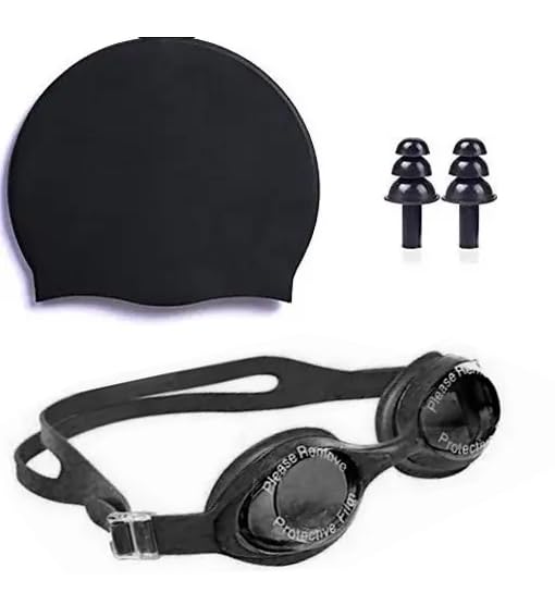 Protoner Swimming Set with Goggles, Cap and Ear Plugs (Black)