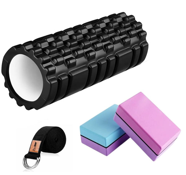 Protoner Yoga Set with Foam Roller, Exercise Blocks, Yoga Strap, Black & Multi-Color (Regular, Black)