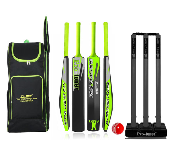 Protoner Cricket Set with Kit Bag, Full Size Bat, 3 Stumps Set and Ball, Black and Green (Size 5 (8-12 Years))