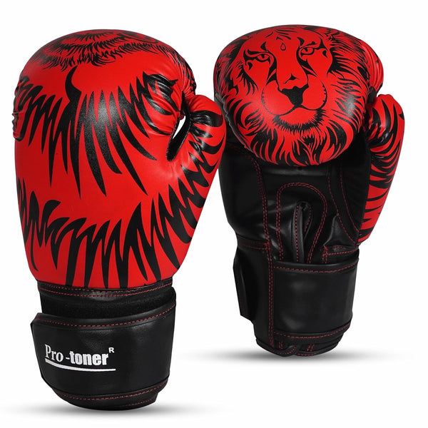 Pro-Toner Boxing Gloves, Red and Black Tiger Print Design, Faux Leather, for Men and Women (Red/Black, 12 oz)