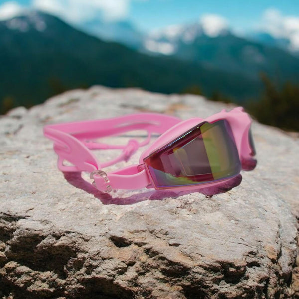 Swimming Goggles with UV Protection, Anti-Fog, Reflective Lenses, Built-in Earplugs (Pink)
