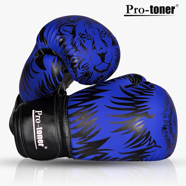 Pro-Toner Boxing Gloves, Red and Black Tiger Print Design, Faux Leather, for Men and Women (Blue/Black, 12 oz)