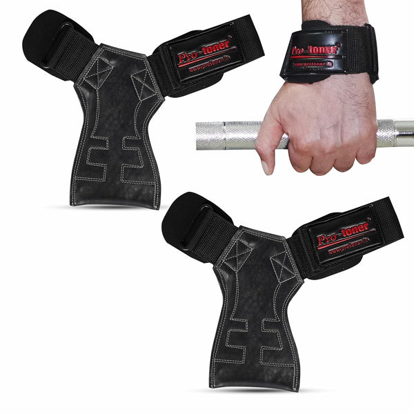 Protoner Weight Lifting Leather Strap with Wrist Support and Palm Protection, Premium Leather, Black, 1 Pair (Leather)