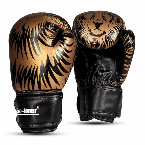 Pro-Toner Boxing Gloves, Red and Black Tiger Print Design, Faux Leather, for Men and Women (Golden/Black, 12 oz)
