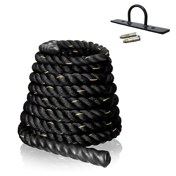Protoner Battle Rope, 1.5 Inch Thick, 30/40/50 Feet Length, with Wall Mount Hook, Black (40 feet)
