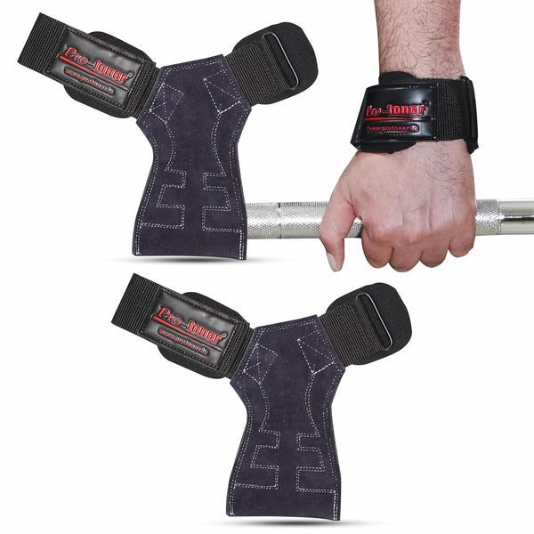 Protoner Weight Lifting Leather Strap with Wrist Support and Palm Protection, Premium Leather, Black, 1 Pair (Split Leather)
