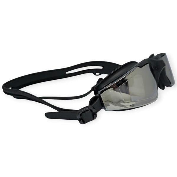Swimming Goggles with UV Protection, Anti-Fog, Reflective Lenses, Built-in Earplugs (Black)