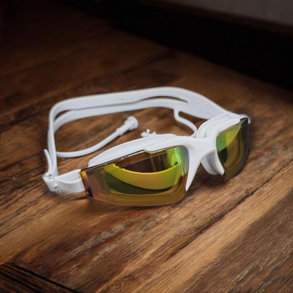 Swimming Goggles with UV Protection, Anti-Fog, Reflective Lenses, Built-in Earplugs (White)