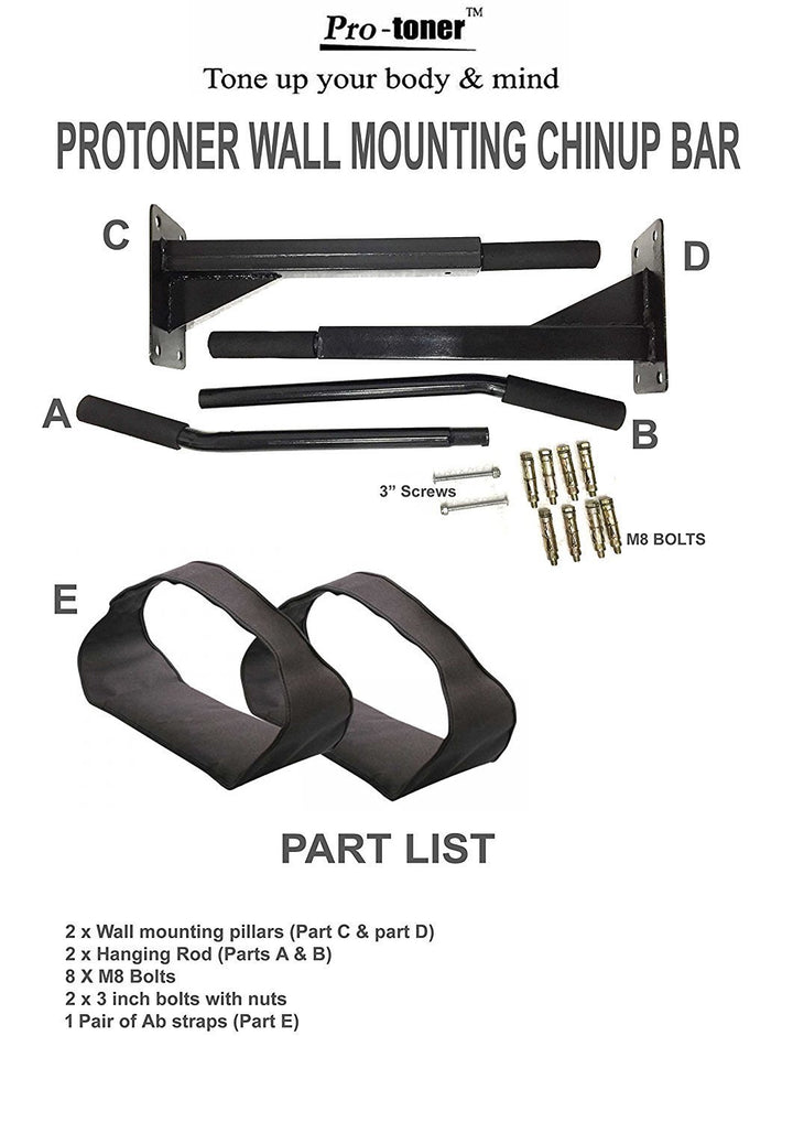Protoner Wall Mounting Chin Up Bar With Solid One Piece Construction Bar + Ab Straps fitness Combo | Gym Equipment | Home Gym Equipment | Commercial Gym Machines | Strength Training Equipment | Protoners | [2025]